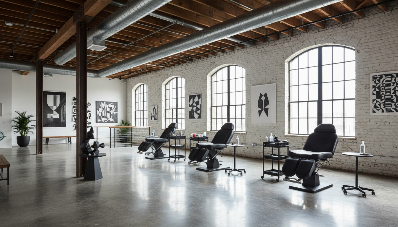 Ink Heist studio interior with exposed brick, industrial lighting, and tattoo stations